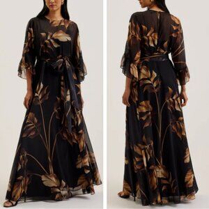 NEW Ted Baker Calama Sheer Printed Maxi Dress With Slit Black Floral Sz0/1/2/3